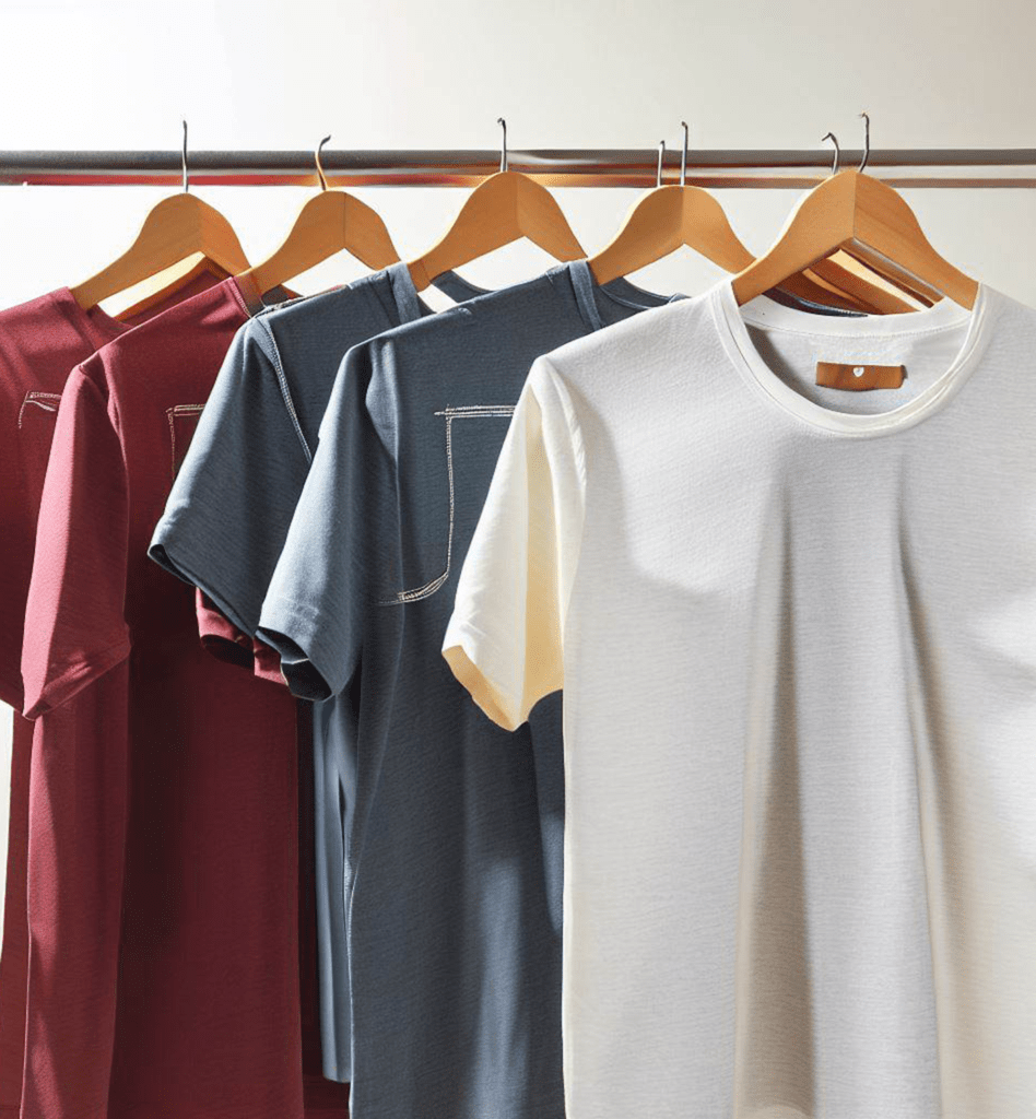 Cotton round nech t-shirts, hanging on a rack.